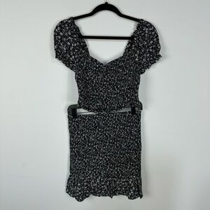 Hollister Black Micro Floral Smocked Sweetheart Cropped Top & Mini Skirt Set